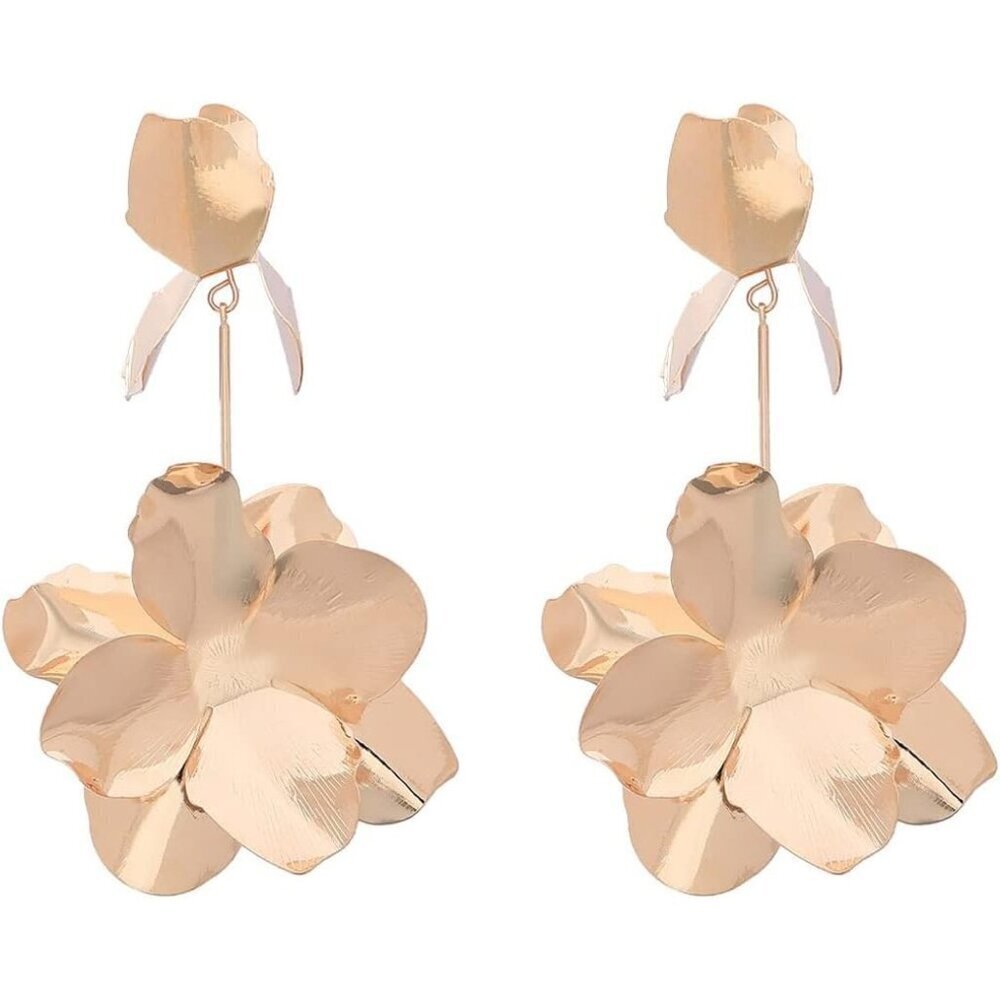 Women's Gold Flower Bud Floral Petal Boho Bud Dangle Drop Long Earring
